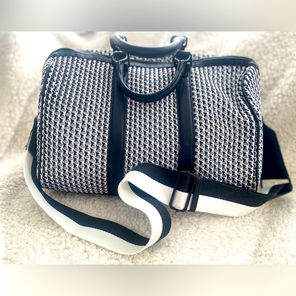 Steve Madden Black and White Woven Travel Duffel Bag